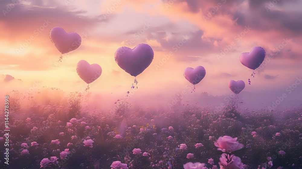 Obraz premium Heart-shaped balloons in pastel tones of lavender and peach, flying over a dreamy meadow filled with blooming roses