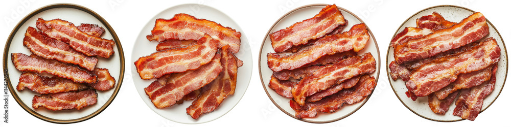 Crispy bacon strips arranged neatly on four plates, showcasing their savory texture and appetizing appearance, white background, transparent background. Crispy bacon strips arranged neatly on four plates, showcasing their savory texture and appetizing appearance, white background, transparent background.