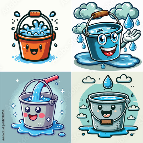 a set of buckets filled with water Art & Illustration