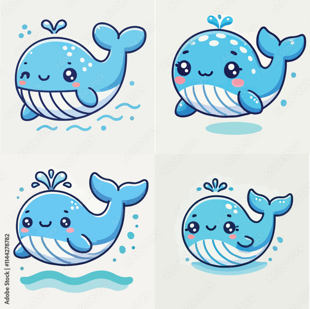 Obraz premium Cute blue whale spraying water vector illustration in kawaii cartoon style