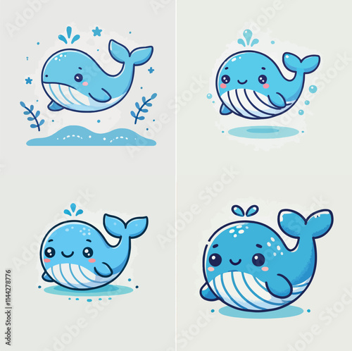 Cute blue whale spraying water vector illustration in kawaii cartoon style