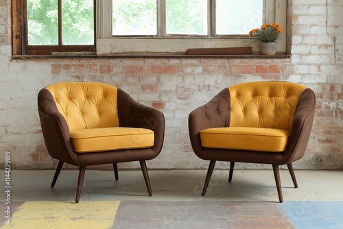 Vintage 1970s Inspired Upholstered Chairs in a Bright, Cozy Setting with Natural Light and a Rustic Brick Wall photo