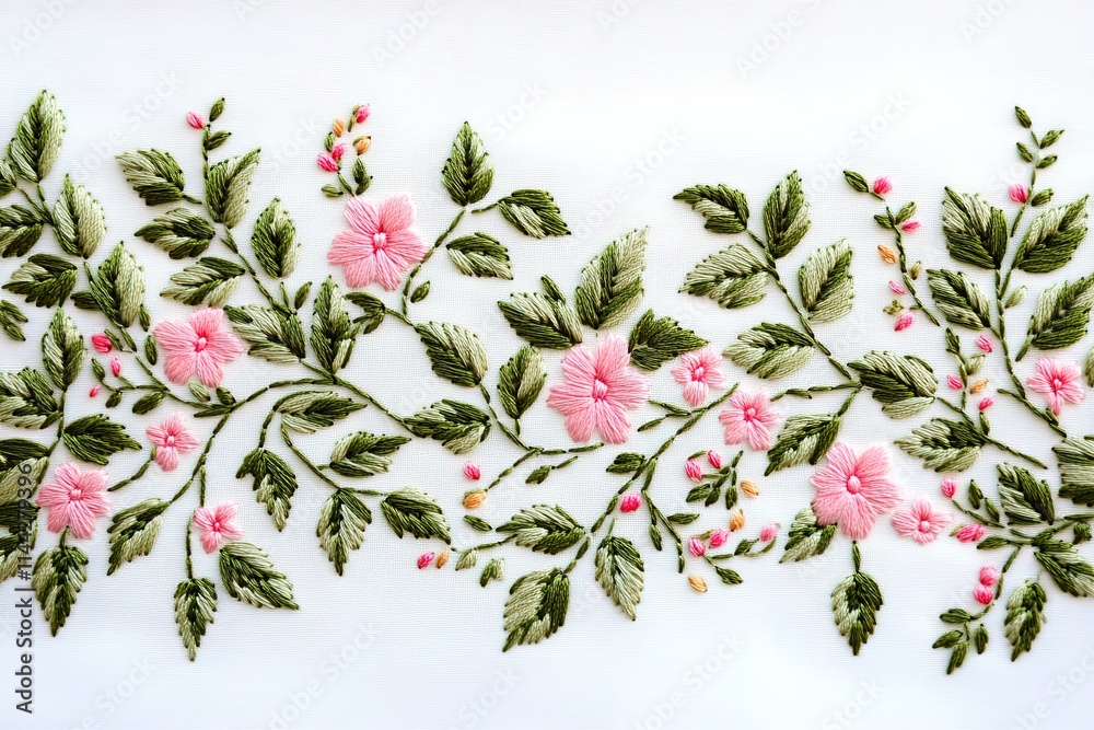 Fototapeta premium Delicate embroidered floral pattern on white fabric