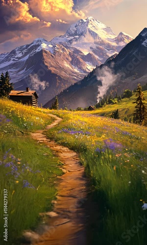 Beautiful mountain landscape with blooming flowers and a rustic cabin surrounded by nature