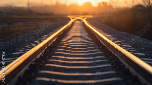 Two train tracks diverge at sunset, symbolizing choices and paths ahead.