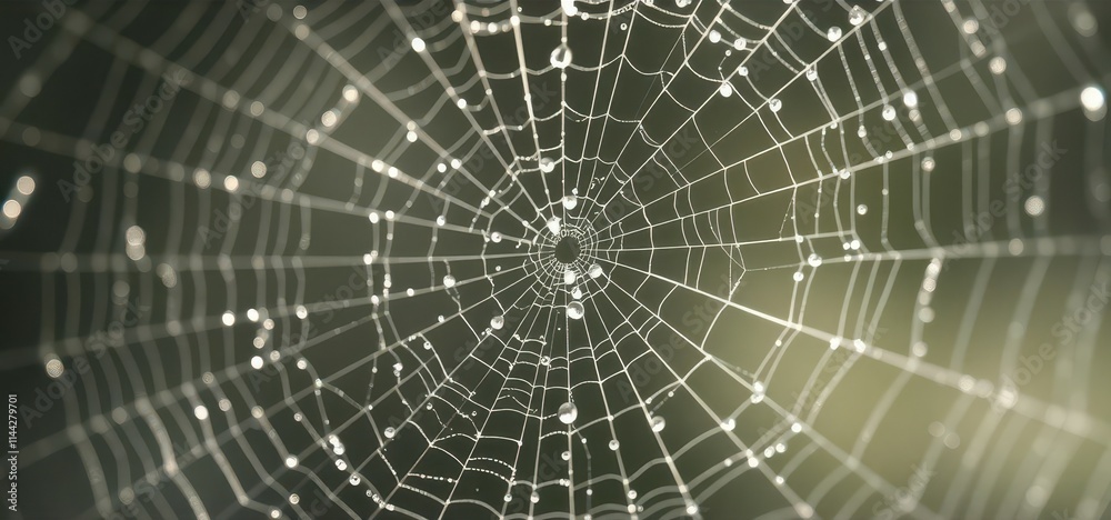Obraz premium Intricate spiderweb glistening with morning dew, silken threads radiating from center, damp, radial, fall