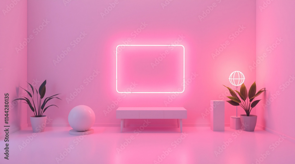 Minimalist pastel soft pink interior design with futuristic glowing neon lights, table, shear, planters Minimalist pastel soft pink interior design with futuristic glowing neon lights, table, shear, planters