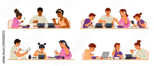 Different families eating and using gadgets at the table flat vector illustrations set isolated on white. Gadget-addicted families of different ethnicities at dinner.