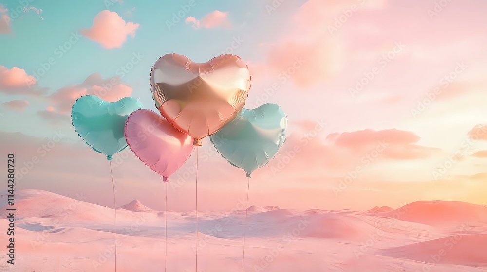 Fototapeta premium Rose gold and teal heart balloons rising over a desert landscape with soft pastel skies and gentle dunes