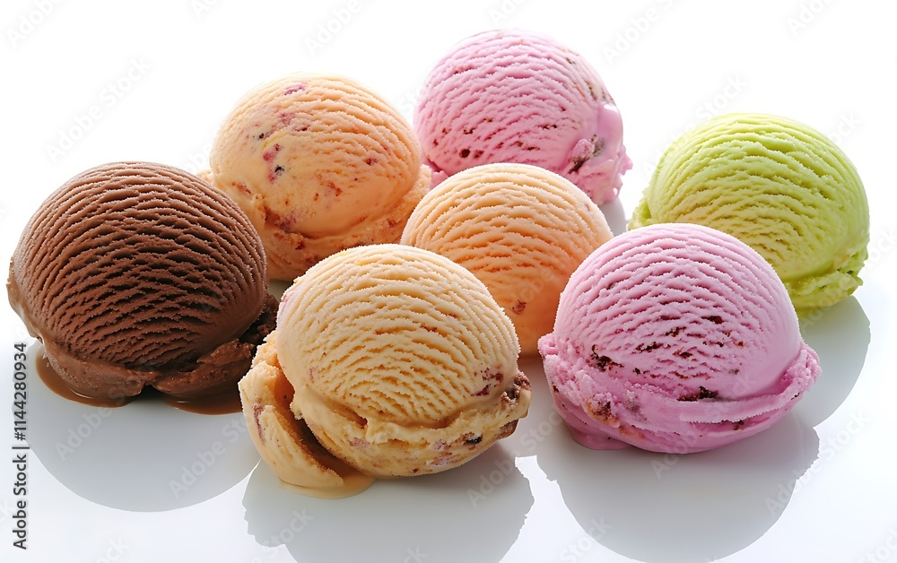Six colorful ice cream scoops, chocolate, strawberry, pistachio, vanilla, peach, and berry flavors, on white background. Six colorful ice cream scoops, chocolate, strawberry, pistachio, vanilla, peach, and berry flavors, on white background.