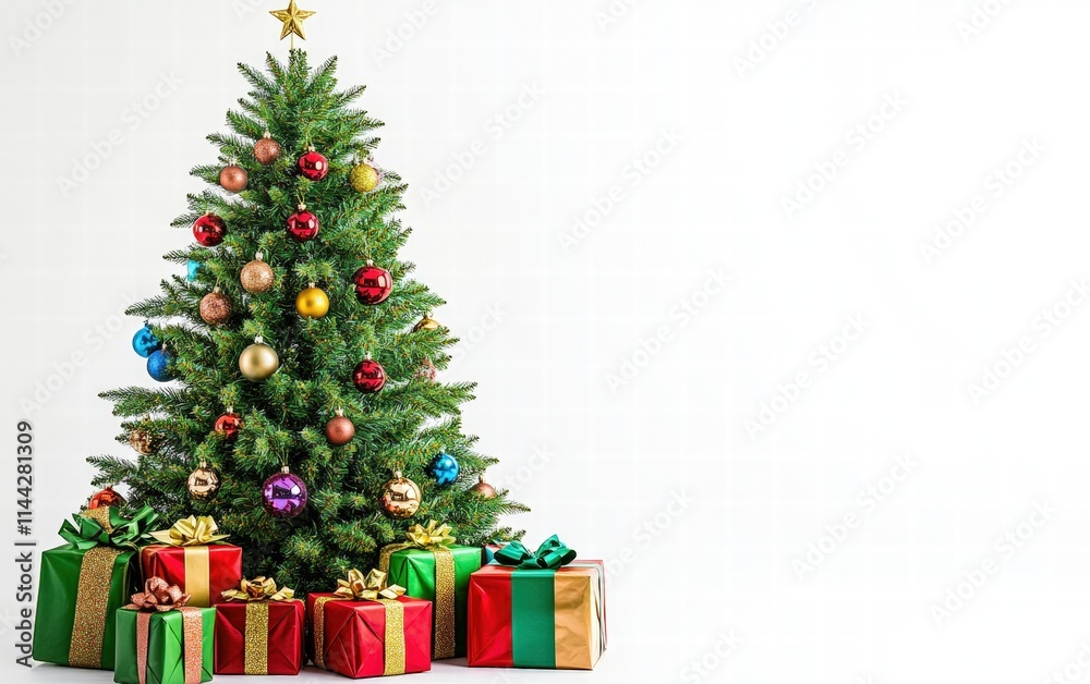 A vibrant green Christmas tree adorned with classic ornaments and large gift boxes wrapped in colorful paper placed below on a pure white backdrop A vibrant green Christmas tree adorned with classic ornaments and large gift boxes wrapped in colorful paper placed below on a pure white backdrop