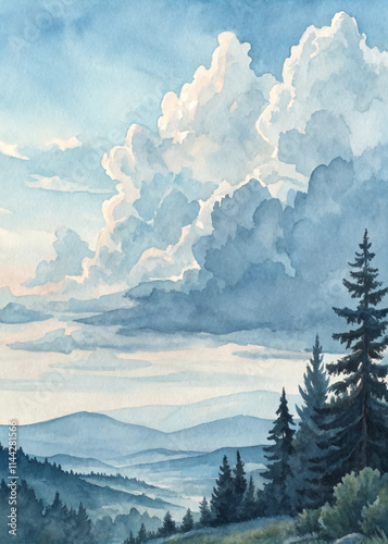 Expansive mountain range under a vibrant sky, featuring lush trees and dramatic clouds in a serene watercolor style.