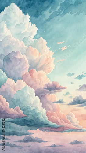 Gentle pastel clouds drift across a serene sky, creating a dreamy and calming atmosphere.