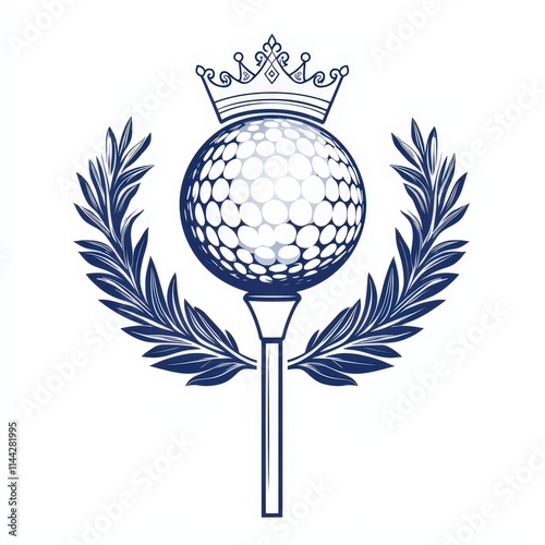 Design of golf ball on tee with wreath and crown icon logo illustration isolated on white background