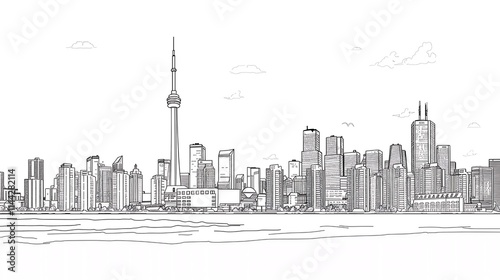 Wallpaper Mural Minimalist black and white line drawing of a city skyline, showcasing iconic buildings and structures in a clean, artistic style for a modern backdrop Torontodigital.ca
