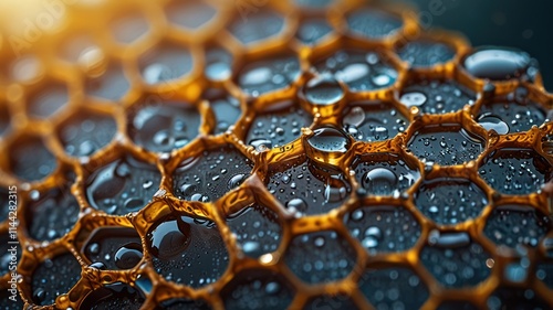 Honeycomb Cells Filled With Golden Honey Droplets photo