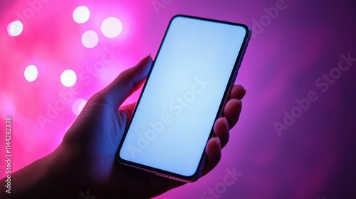 A close-up of a person's hand holding a smartphone under a colorful light backdrop. The background features soft bokeh effects, creating a modern aesthetic.