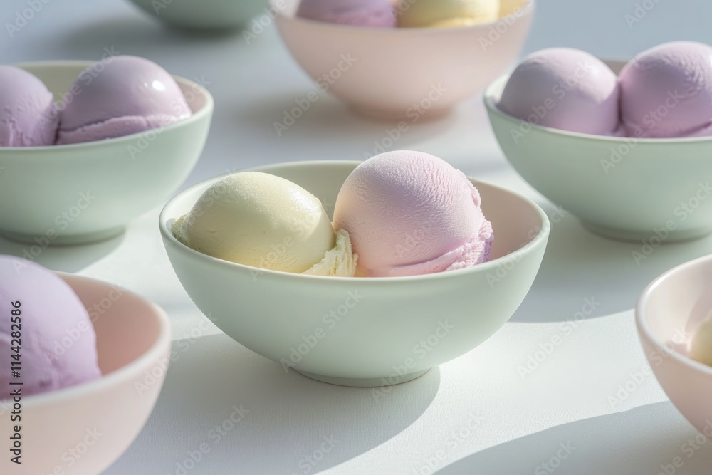 Delicious scoops of vanilla and lavender ice cream served in pastel bowls. Delicious scoops of vanilla and lavender ice cream served in pastel bowls.