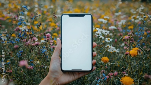 A hand holding a smartphone in a vibrant field filled with wildflowers, showcasing a blank screen against a colorful backdrop.