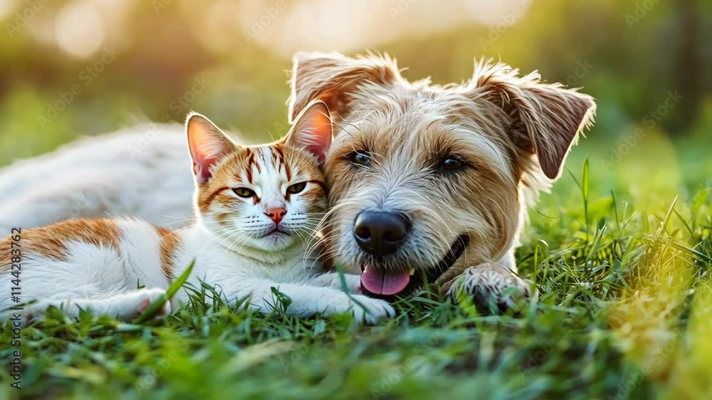 Cute dog and cat relaxing together in a sunny outdoor setting surrounded by green grass during golden hour