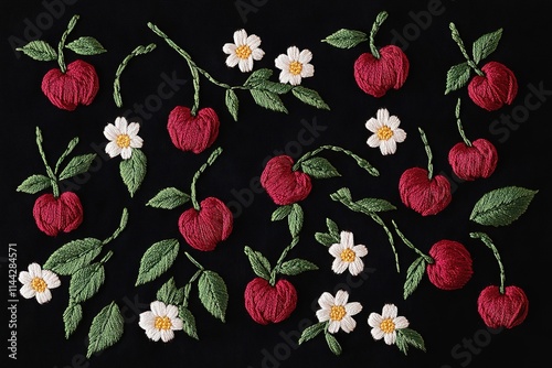 Hand-embroidered cherries and flowers on black fabric