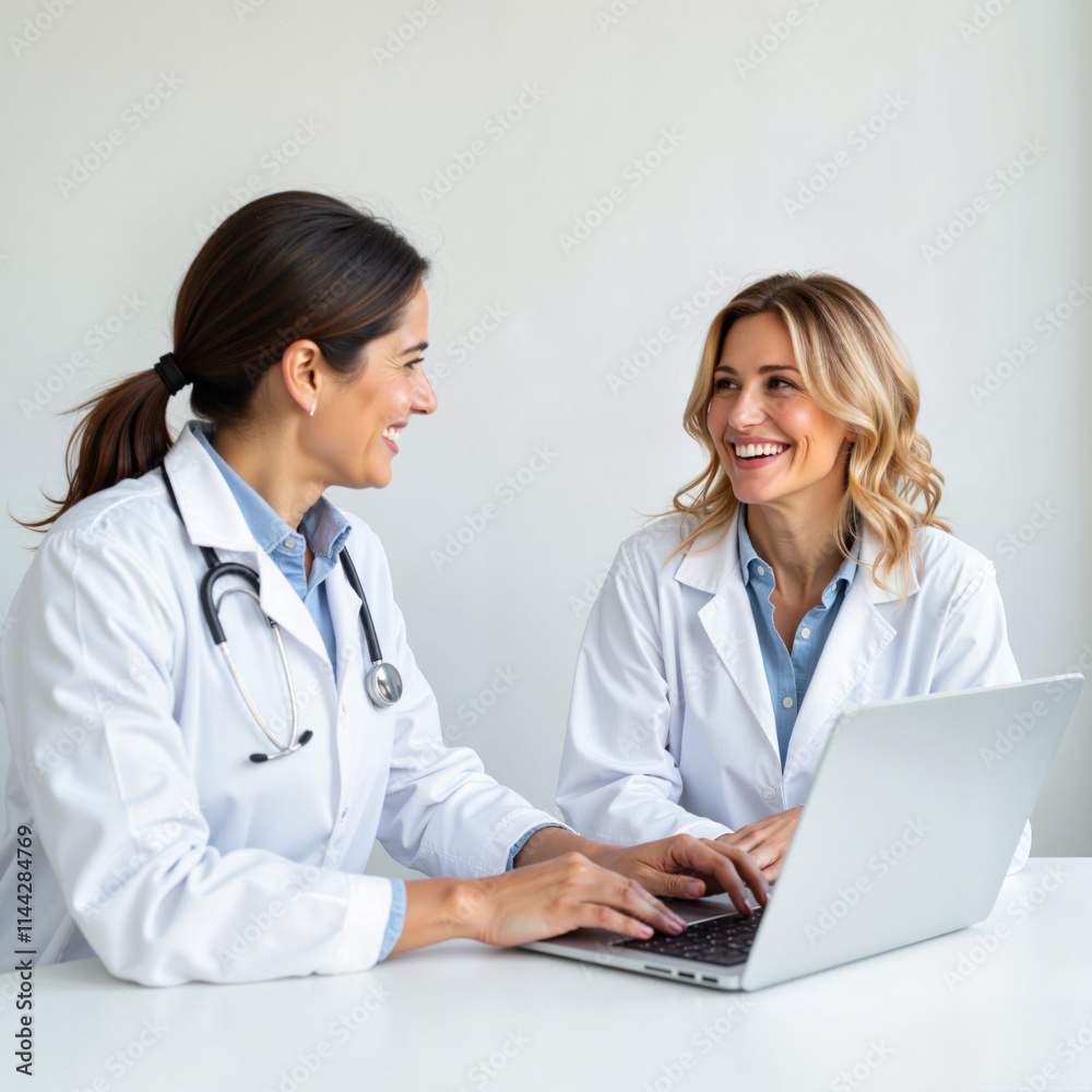 Two female doctors working on laptop at clinic desk Two female doctors working on laptop at clinic desk