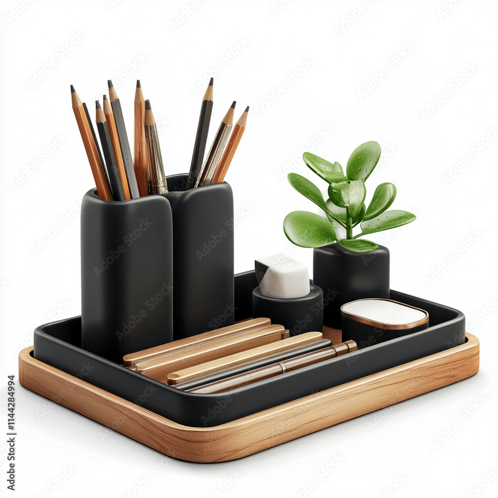 Obraz premium stylish desk organizer with pens, pencils, and plant. Perfect for workspace!