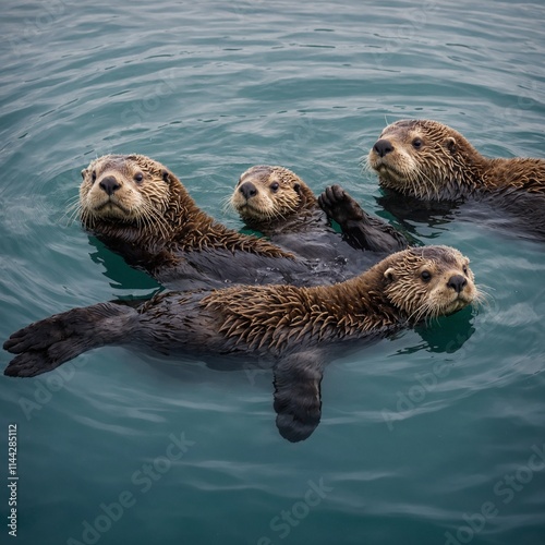 A family of sea otters floating on their backs, holding hands, in a calm, reflective sea.