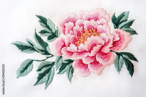 Delicate Pink and Green Embroidered Peony Design on White Fabric