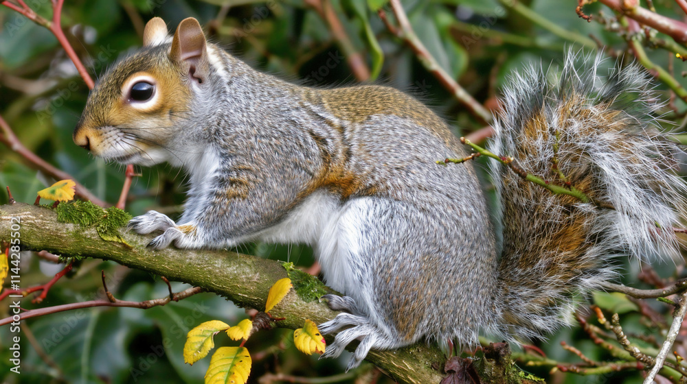 A squirrel on a tree eating a pinecone, side view A squirrel on a tree eating a pinecone, side view