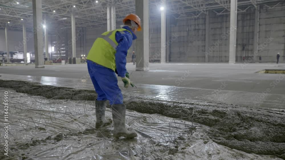 A construction worker is pouring concrete meticulously in a large warehouse site today. Clip A construction worker is pouring concrete meticulously in a large warehouse site today. Clip