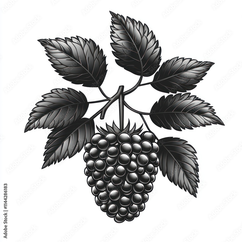 Fototapeta premium Monochrome illustration of a blackberry with leaves. (2)