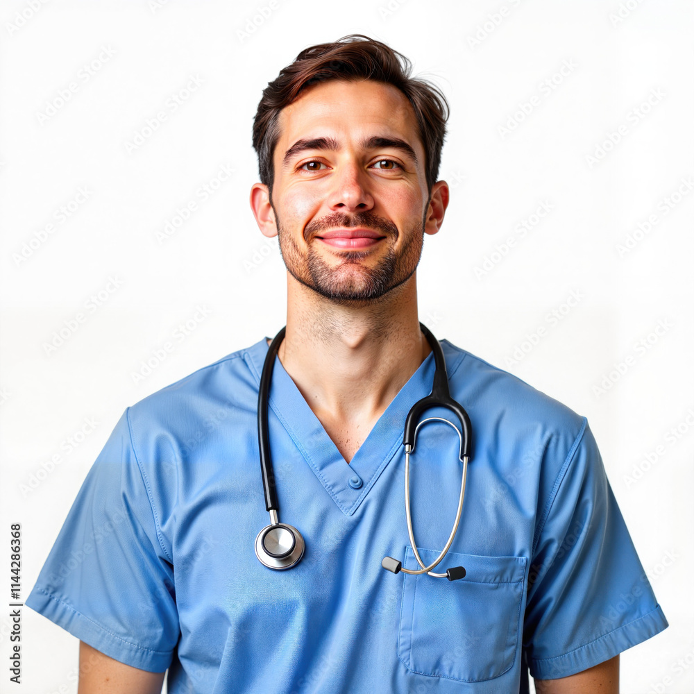 Smiling male nurse in blue scrubs on white background Smiling male nurse in blue scrubs on white background