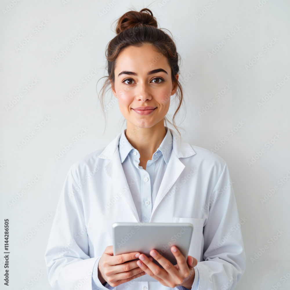 Female doctor holding a tablet and smiling on neutral background Female doctor holding a tablet and smiling on neutral background