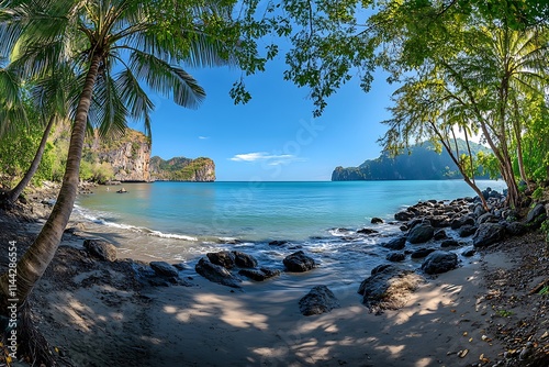 Seascape of the Caribbean Sea and palm trees along the beach of Tulum, Mayan Riviera, Quintana Roo, Mexico.
