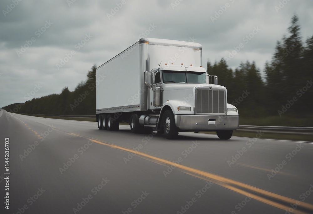 A white cargo truck with a white blank empty trailer for ad on a highway road in the united states A white cargo truck with a white blank empty trailer for ad on a highway road in the united states