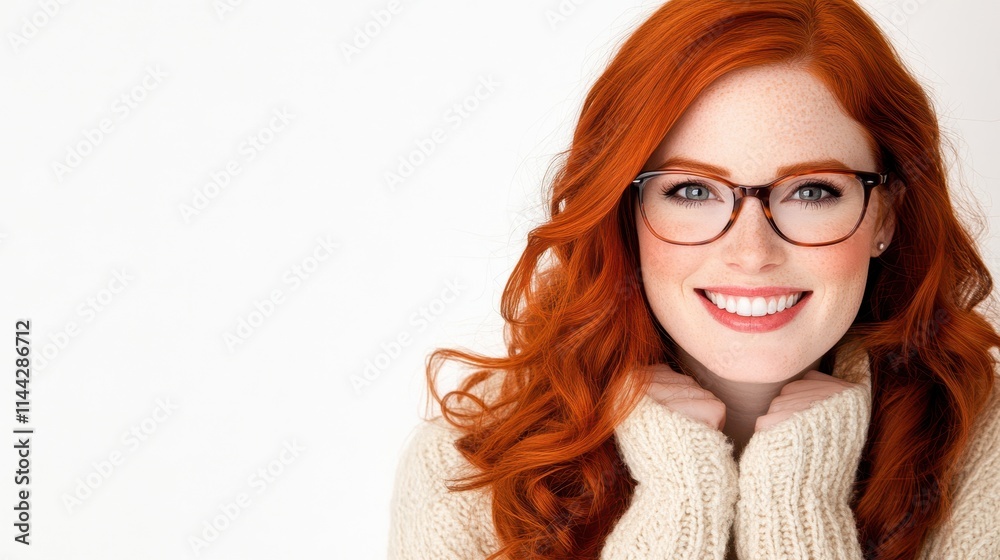 Obraz premium A smiling young woman with vibrant red hair and freckles, wearing a black outfit, against a neutral background, symbolizing natural beauty and confidence.