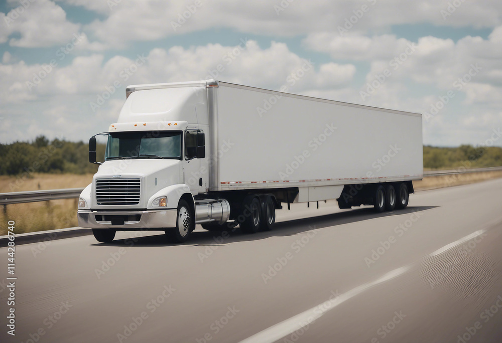 A white cargo truck with a white blank empty trailer for ad on a highway road in the united states A white cargo truck with a white blank empty trailer for ad on a highway road in the united states