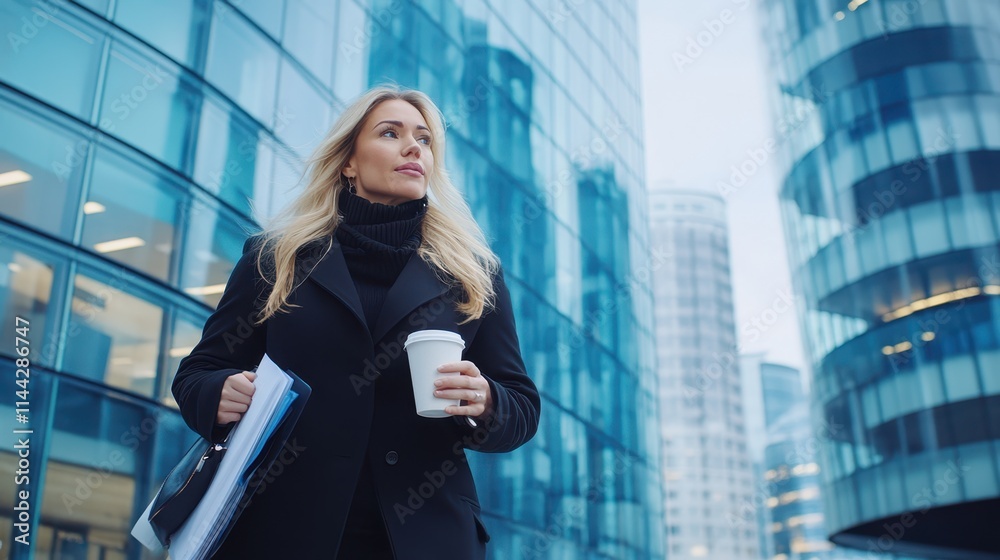 Fototapeta premium A blonde woman in a black coat holds coffee and files while walking confidently among modern glass skyscrapers, symbolizing ambition.