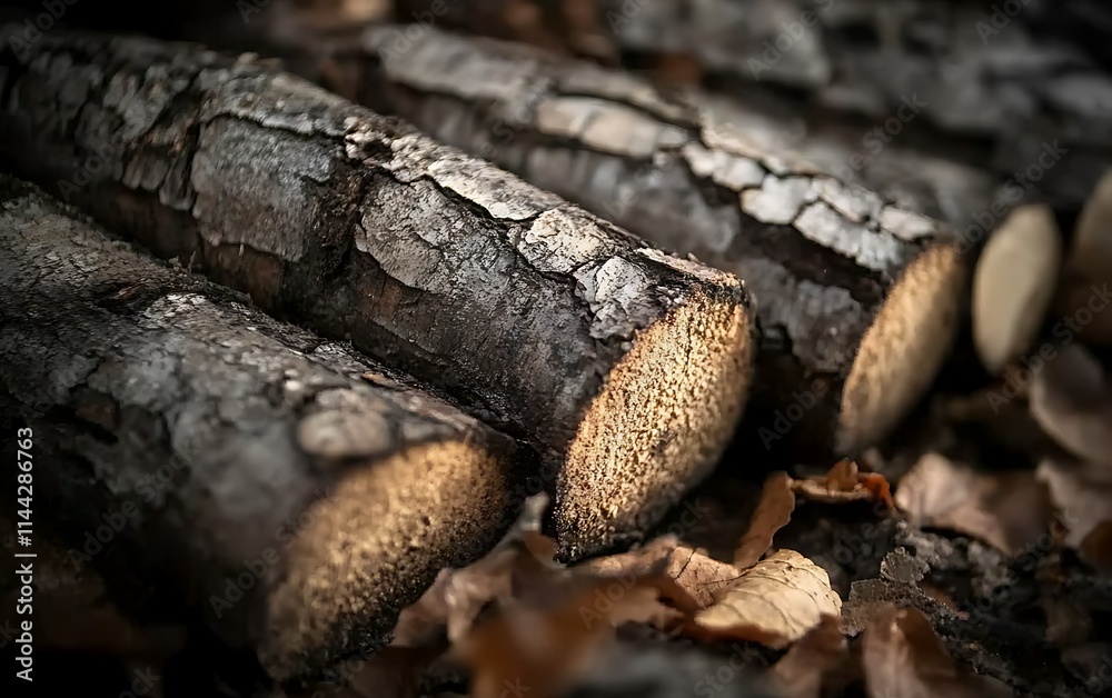 Close-up of stacked firewood logs on forest ground with autumn leaves. Close-up of stacked firewood logs on forest ground with autumn leaves.