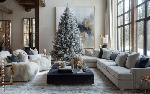 Elegant living room with a frosted Christmas tree, muted color tones, and luxurious textures like velvet and fur photo