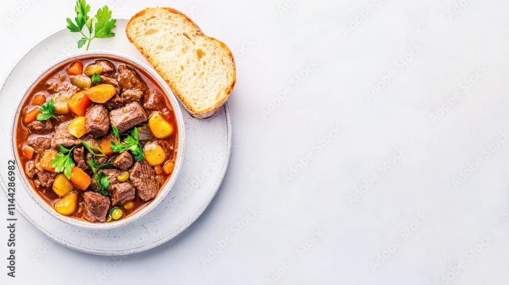 A hearty beef stew with vegetables, parsley garnish, and crusty bread on a white plate, creating a comforting and wholesome meal presentation.
