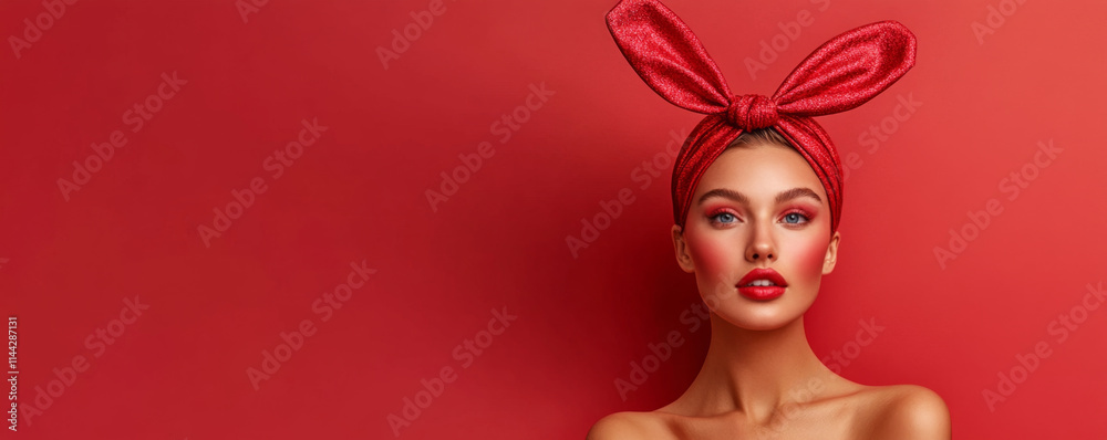 Stunning Portrait of Woman in Red Bunny Ears on Red Banner Stunning Portrait of Woman in Red Bunny Ears on Red Banner