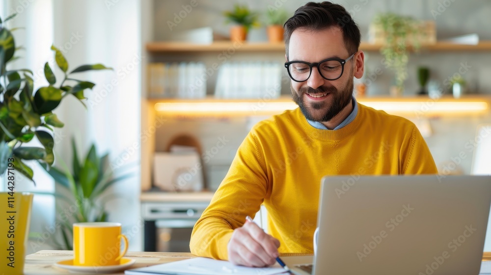 A man in a bright yellow sweater smiles while working on his laptop at a cozy, well-decorated home office. A man in a bright yellow sweater smiles while working on his laptop at a cozy, well-decorated home office.