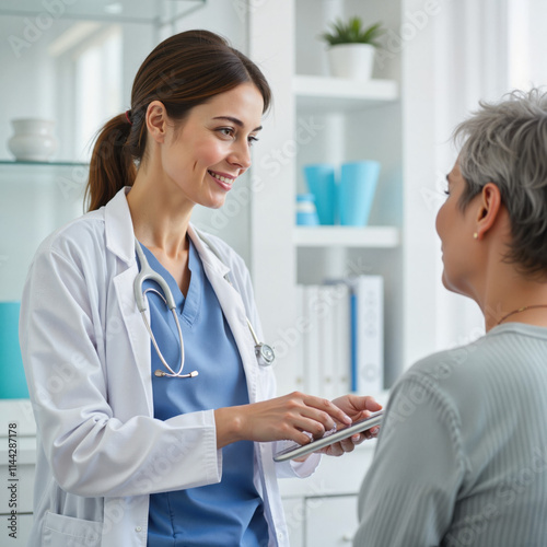 Female doctor consulting an elderly patient in clinic setting