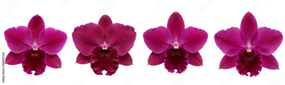 Fototapeta premium A breathtaking deep magenta orchid with translucent, ruffled petals, centered perfectly on a minimalist white surface 