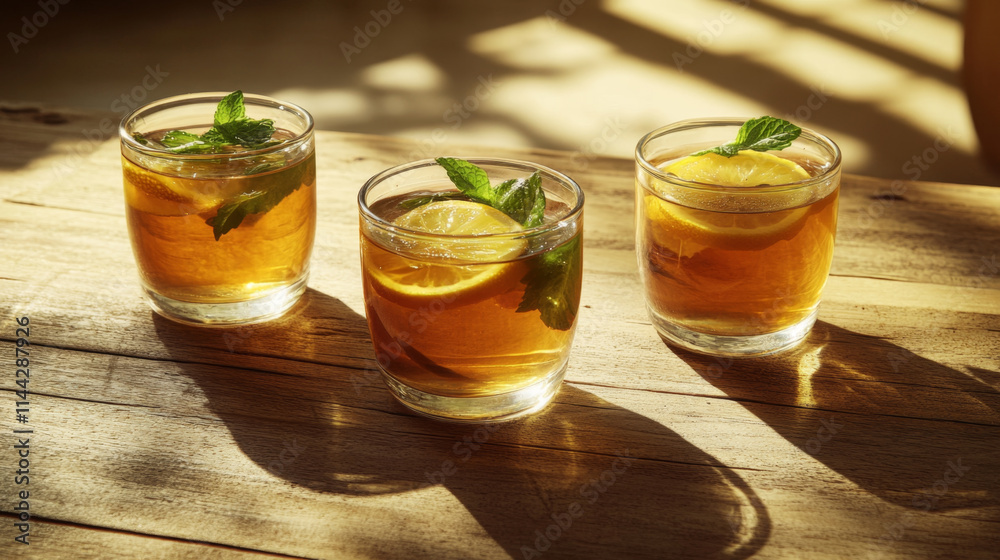 Three glasses of iced tea with lemon and mint on wooden table Three glasses of iced tea with lemon and mint on wooden table