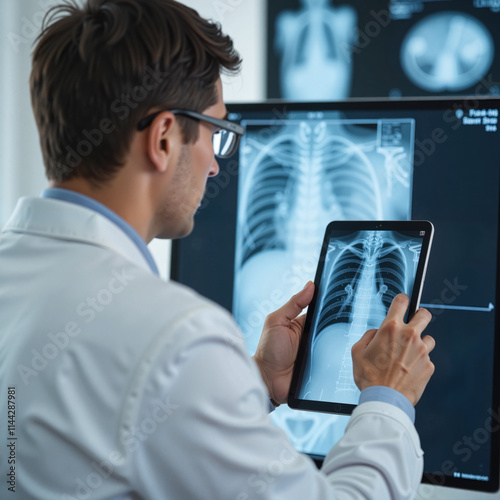 Doctor comparing chest X-rays on tablet and monitor in clinic