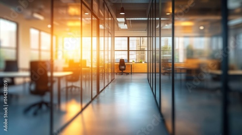 Modern office interior with blurred background showing workspace during daytime, office out of focus