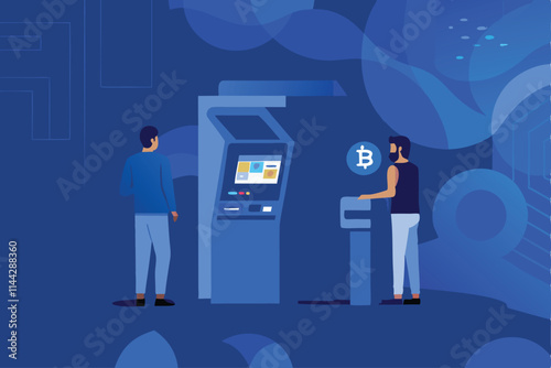 Create a vector illustration of a modern, sleek cryptocurrency ATM interface, highlighting its user-friendly design and security features.  Include realistic details and vibrant colors.